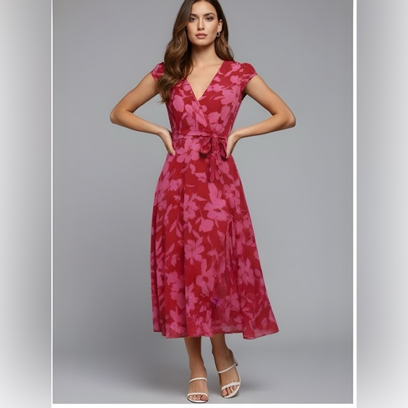 Red Floral Print Wrap Hem Belted Dress - Picture 1 of 10